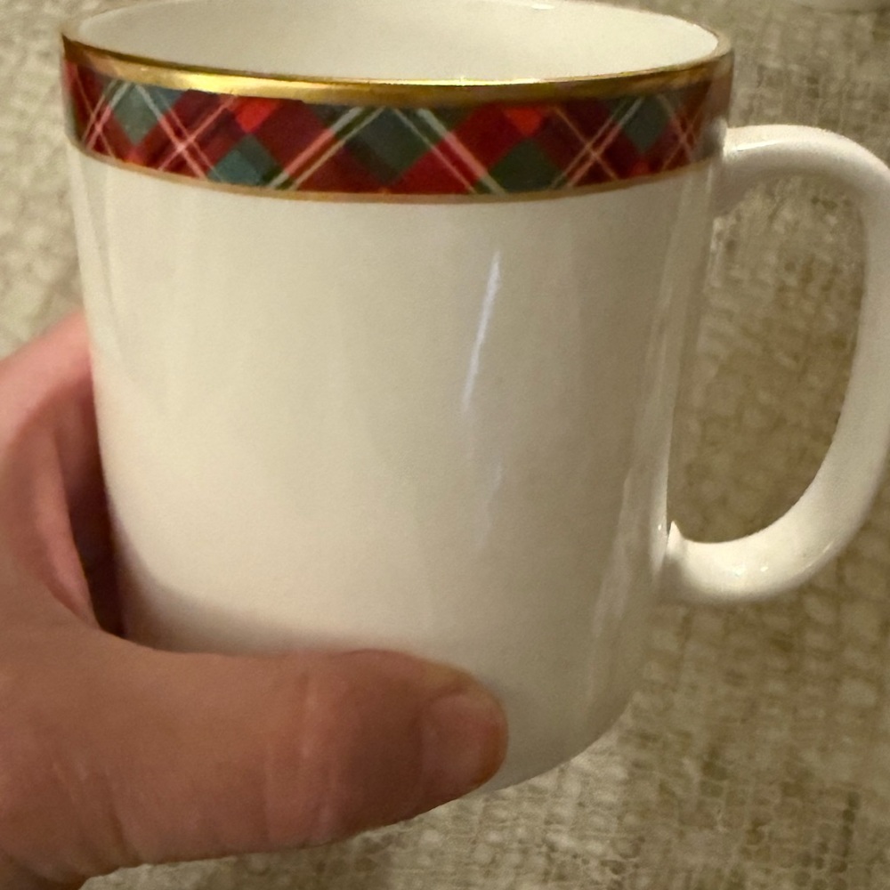 Rare Ralph Lauren White Mugs with Mclean Tartan and Gold Rim- sold individually